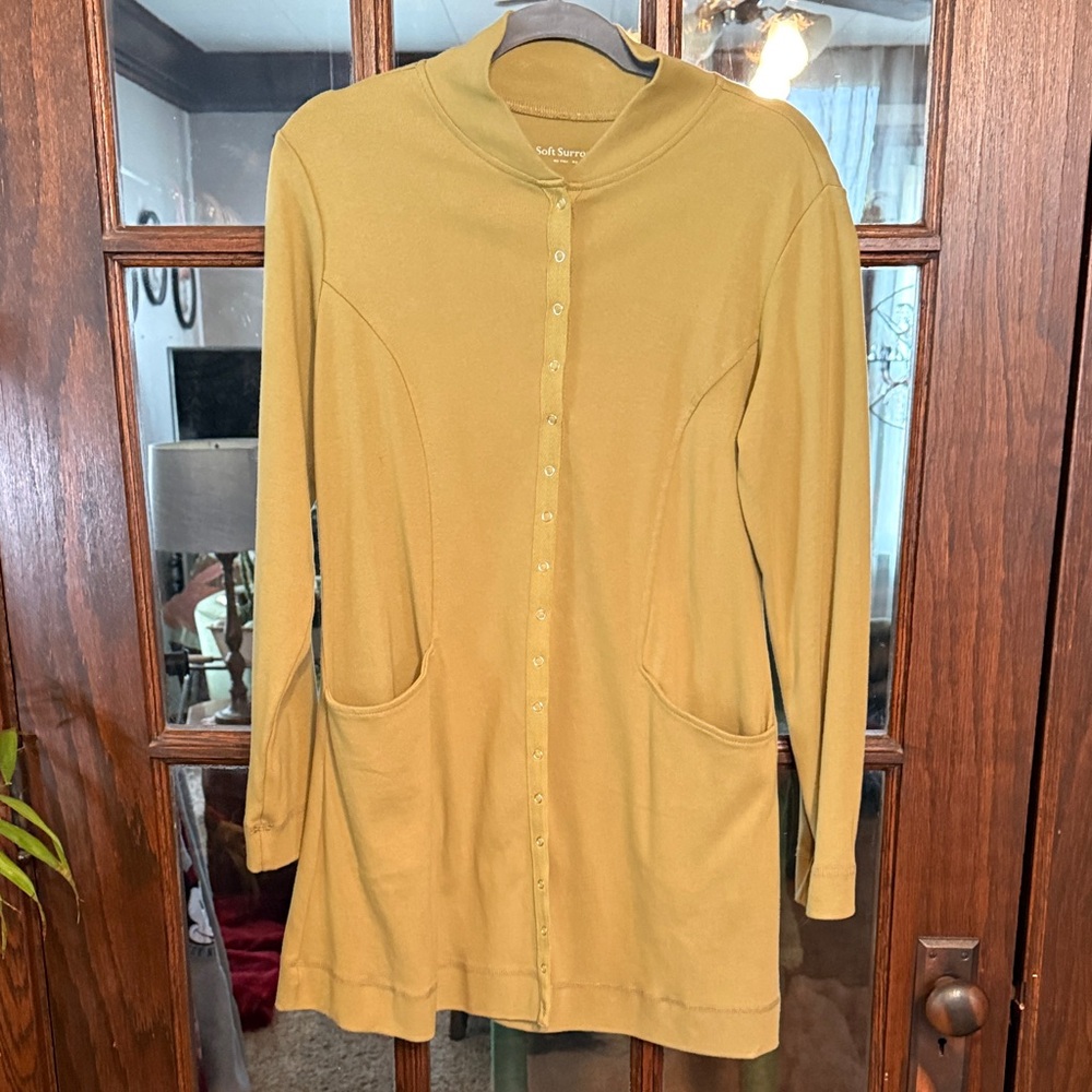 Soft Surroundings Womens Small Green Ribbed Snap Front Mock Neck Tunic